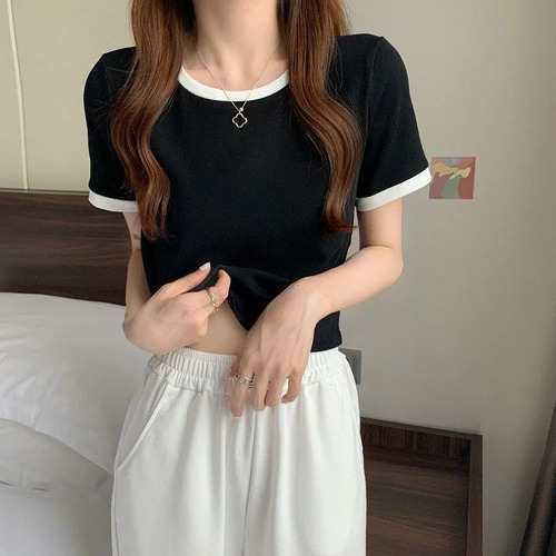 Camiseta De Manga Corta Color Block - Top Ajustado Para Muje