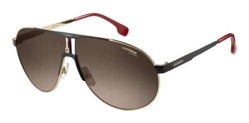 Gafas de sol Carrera 1005/S con marco de acero inoxidable color negro/dorado, lente marrón de policarbonato degradada, varilla negra/roja de acero inoxidable