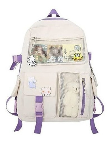 Mochila Escolar Kawaii Con Accesorios (blanco Y Lila)