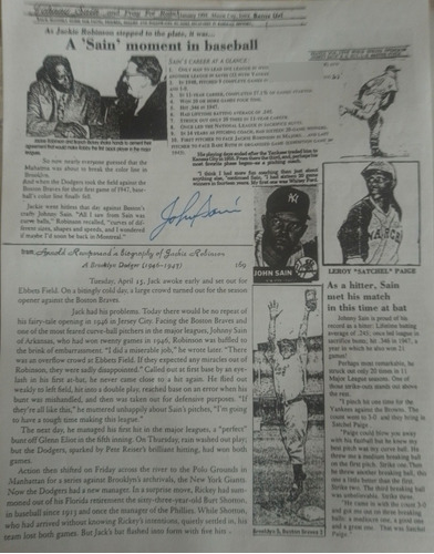 Johnny Sain Signed Baseball Newspaper #2