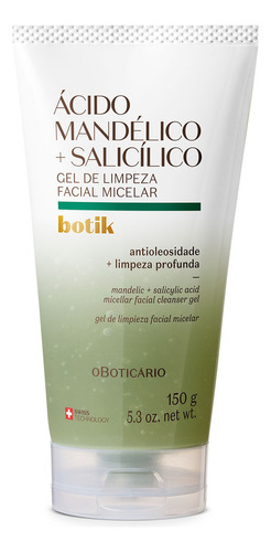 Gel Limpeza Facial Micelar Mandélico + Salicílico Botik 150g Momento de aplicação Dia/Noite Tipo de pele Oleosa