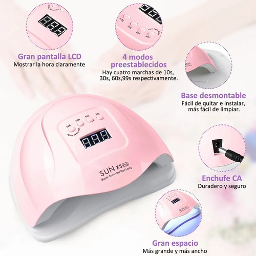 Lampara Led Uv Quanna De Manicura Sun X5 Secador Para Uñas Secado Rápido 4 Temporizador 99s Sin Dolor Sensor Infrarrojo Automático Gel De La Extensión / Gel Uv / Gel Polaco Color Rosa+1 Pinza Clip