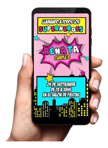 Invitación Digital Tarjeta Imprimible Comic Rosa Superheroes