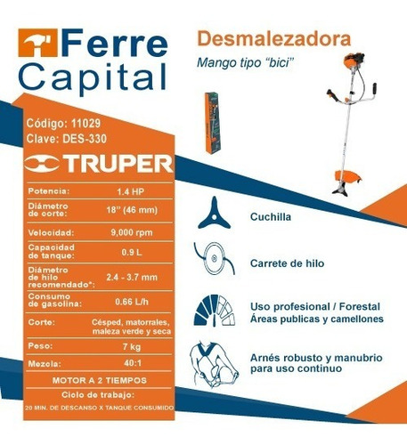 Desmalezadora A Gasolina, Mango 'bici' 33 Cc Truper 11029