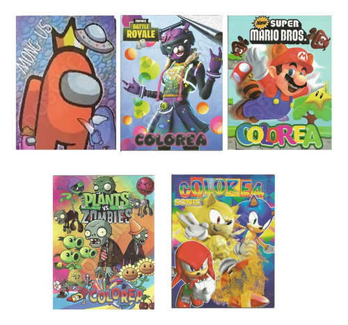 5 Libros Colorear Fiesta Infantil Niños Bolo Videojuegos 