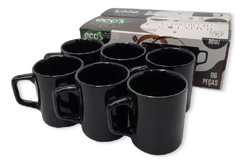 Jogo De Xicaras Caneca Café 6 Peças Cerâmica 80ml Preto