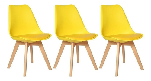Conjunto 3 Cadeiras Eames Leda Base Madeira Sem Braço Estrutura Da Cadeira Amarelo
