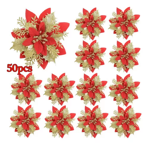 Flor De Nochebuena Artificial Con Purpurina, 50 Unidades