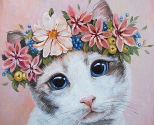 Kit Cuadro Pinta Por Número, Gato Con Flores