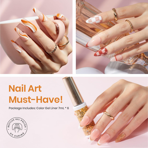Kit De 6 Esmaltes Glitter Para Dibujos Precisos Brocha Fina