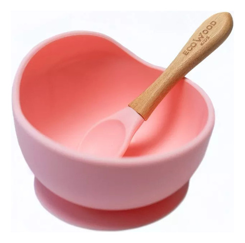 Tazón Para Bebé De Silicona Ecowood Con Cuchara De Bambú Color Rosa Bowl Silicona