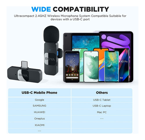 Sistema De Microfone Sem Fio Boya By-v10 Lapela Usb C 2.4ghz