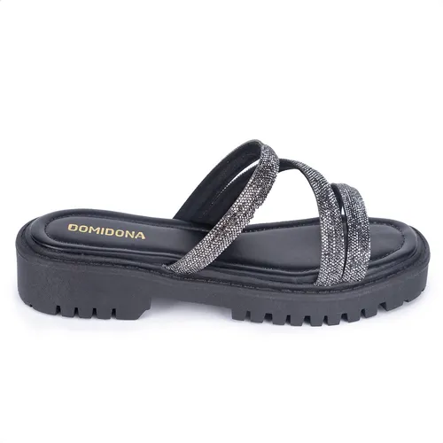 Sandália Feminina Tratorada Papete Flatform Tiras De Strass
