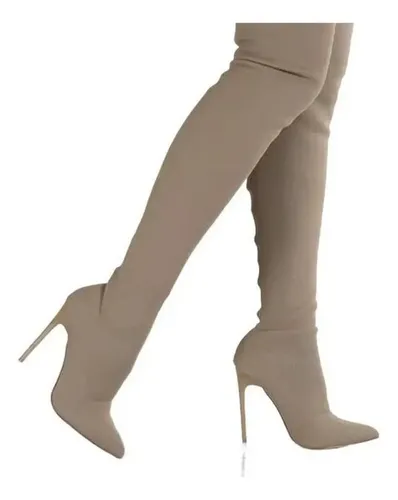 Botas Sobre La Rodilla Para Mujer – Botines Elásticos Con Tacón Bloque De 7.5 Cm, Material Sintético