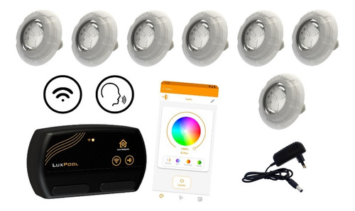 Kit Led Piscina Com Módulo Wifi Luxpool + 7 Leds Rgb + Fonte