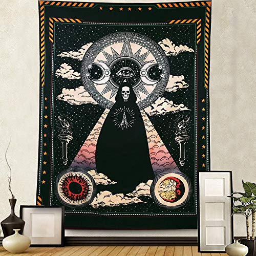 Wizard Skull Tapestry Wall Hanging, Sun And Moon Tapest...