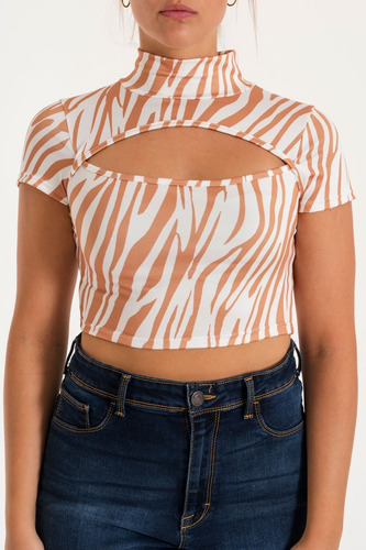 Crop Top Mujer Apertura Cebra Modal Manga Corta