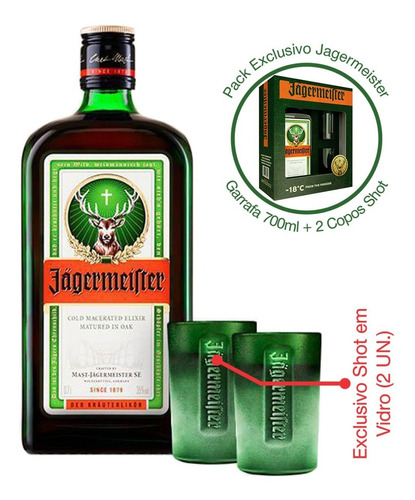 Licor Fino Alemão Jagermeister 700 Ml + 02 Copos de Shot