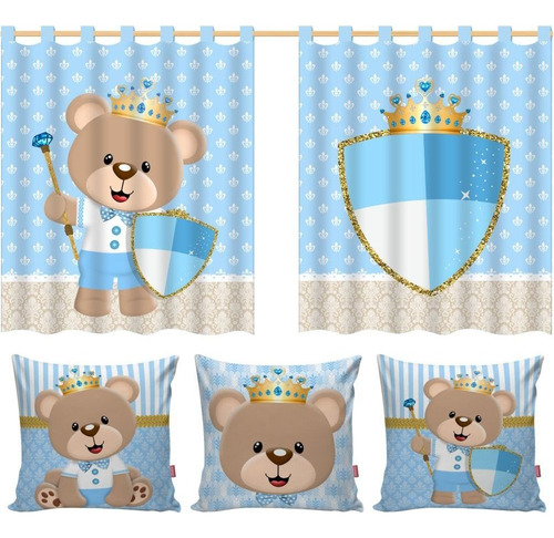 Kit Cortina Infantil 3 Capas Almofadas Ursinho Príncipe Azul