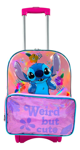 Mochila Con Carrito Stitch Tornasol Primaria Ruz Original Rosa Stitch Tornasol
