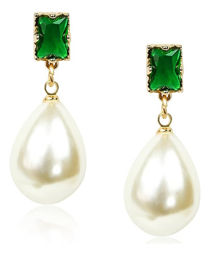 18k Gold Plated Pearl Earrings Dangle Earrings With Emerald