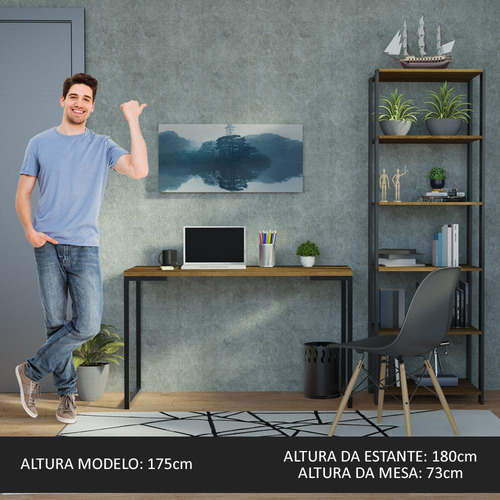 Set de oficina con mesa industrial y estante, color negro y rústico Madesa Pr