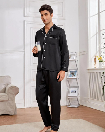 Pijama Masculino Americano Cetim De Seda Com Calça Preto
