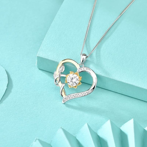 Imagen 5 de 7 de Collar Plata Fina 925 Corazon Girasol Moissanita Baño Oro