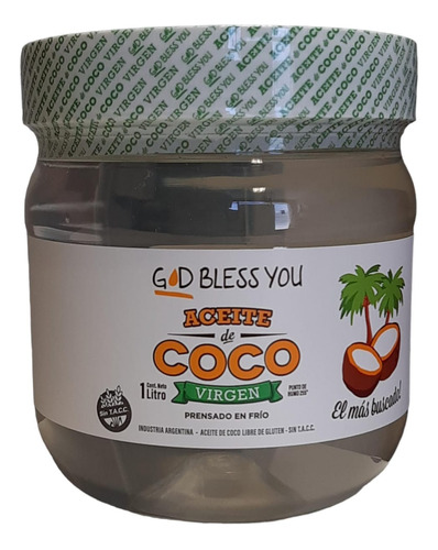 Aceite De Coco God Bless You 1 Litro Virgen Prensado En Frío