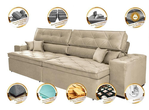 Sofá Retrátil e Reclinável 3,12m com Molas Cama inBox Estilo Suede Velusoft Bege