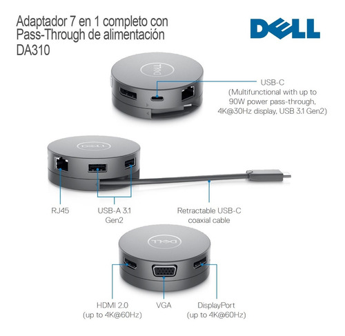 Imagen 4 de 6 de Dock Universal Dell Da310 Usb-c 7 En 1 Power Pass Throw