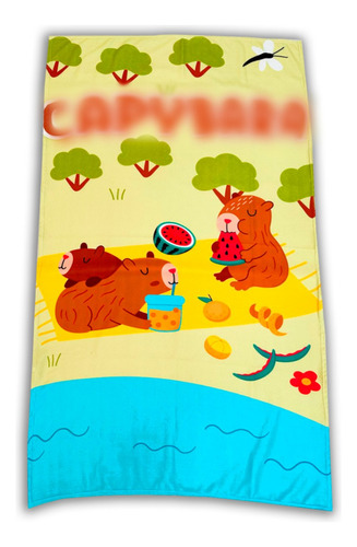 Toalla De Baño Diseño Capibara Picnic 155x85 Cm Microfibra Crema Lisa