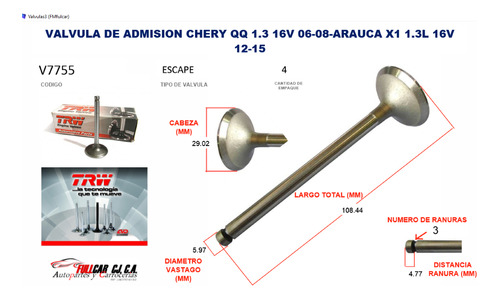 Valvula De Admision Chery Qq 1.3 16v 06-08-arauca X1 1.3l 16