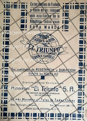 Publicidad Antigua Fabrica Ropa El Triunfo 1933 S.l. Potosi