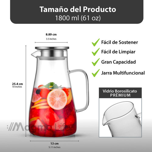 Mz Jarra De Vidrio Borosilicato 1.8 Litros Con Tapa De