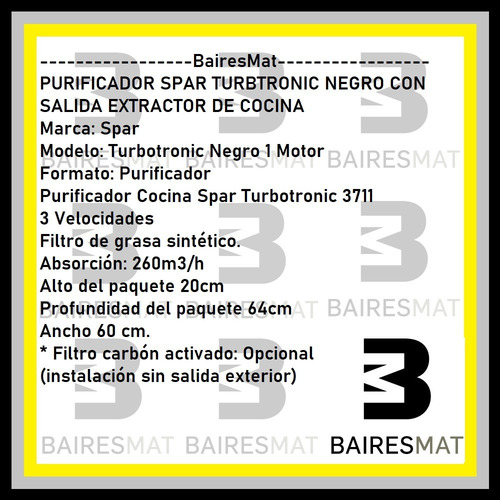 Imagen 4 de 6 de Purificador Cocina Spar Turbotronic 60cm Negro Sin Salida