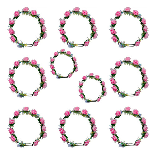 Pack X 10 Corona Flores Rosas Vincha Luz Led Hippie Hawaiana