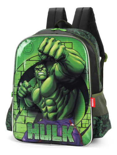 Mochila De Costas G Infantil Escolar Avengers Hulk Marvel Cor Verde Desenho do tecido Incrível Hulk