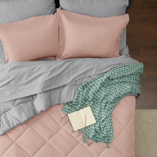 Juego Edredon Y Ropa De Cama Individual Rosa Claro Y Gris