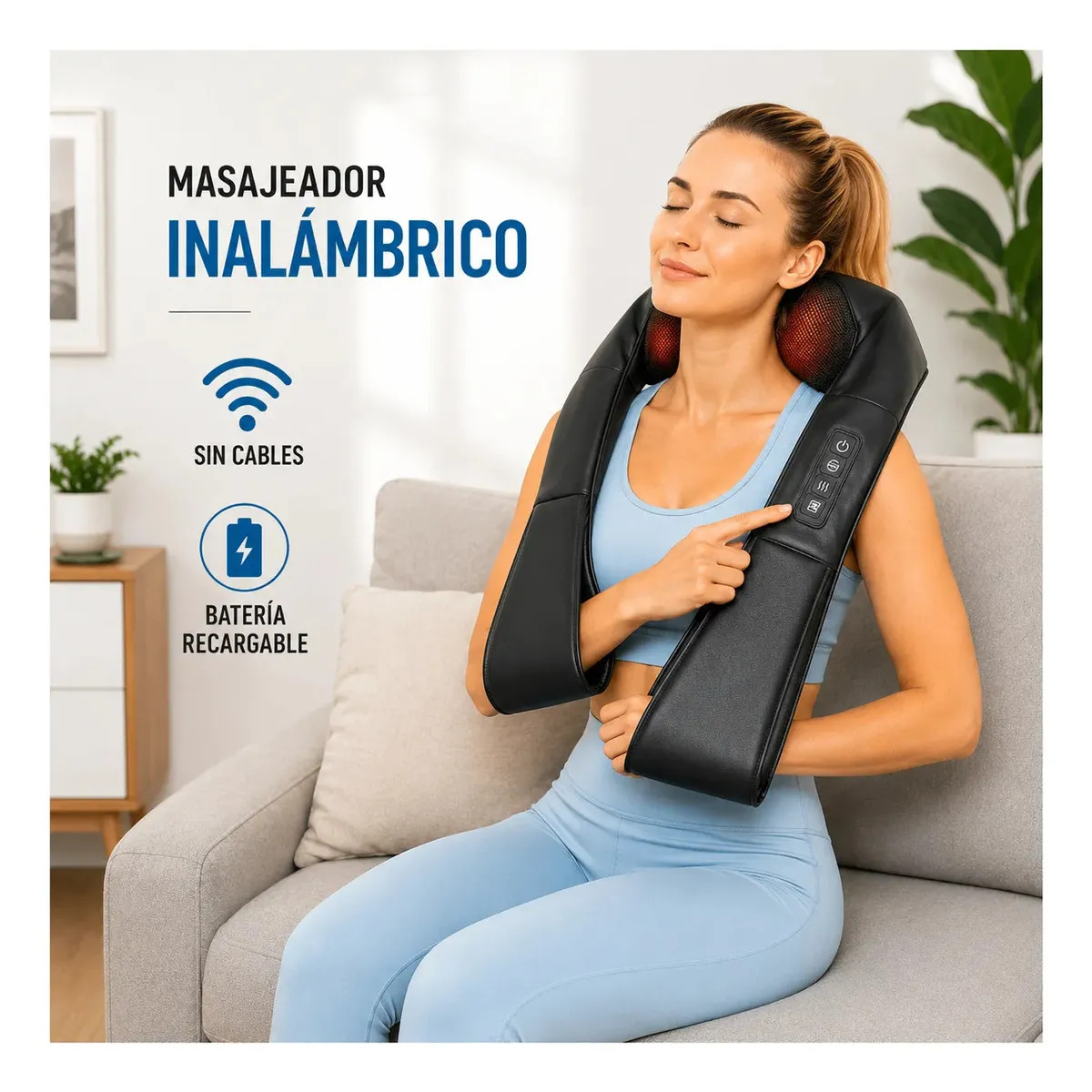 Masajeador Inalámbrico Recargable Cervical Shiatsu Calor Infarojo Rotacion Automatico Bateria Electrico Portatil Control Integrado Ergonomico Relajacion Cuello Espalda Lumbar Newtek Sin Cables