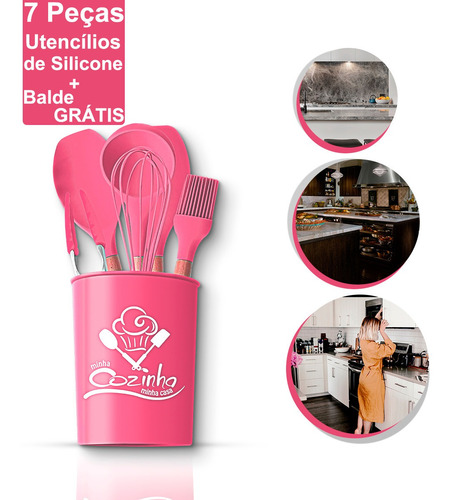 Imagem 4 de 6 de Kit Utensílios De Silicones 7pçs Rosa Utensilios De Cozinha