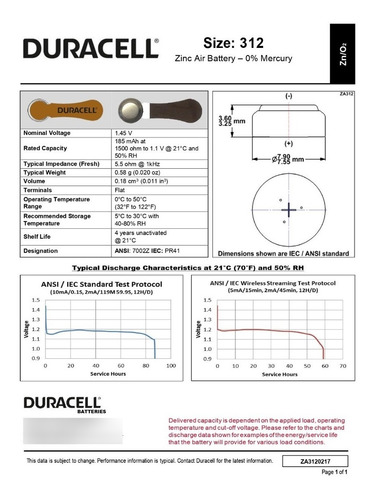Imagem 3 de 6 de 30 Pilhas Baterias Da 312 Pr41 Aparelho Auditivo - Duracell
