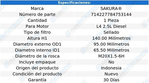 Filtro Combustible Dodge H100 L4 2.5l Diesel 07-12 Sakura