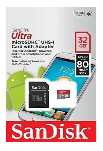 Micro Sd 32gb Clase 10 Sandiks 80mb/s + Lector Micro Sd