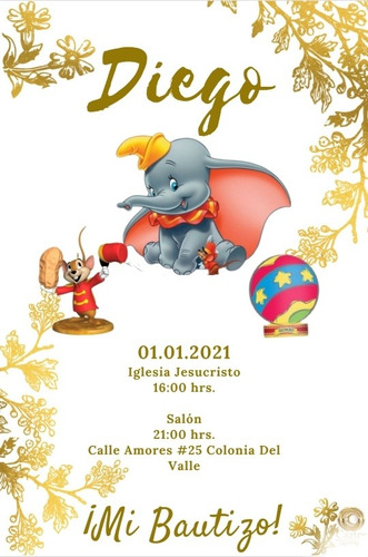 Invitación Imprimible Digital Dumbo Personalizada Bautizo