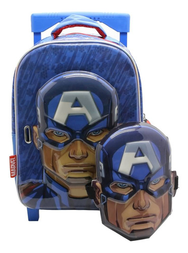 Mochila Marvel Avengers Capitán America Con Careta Con Carro Color Azul Diseño De La Tela Liso