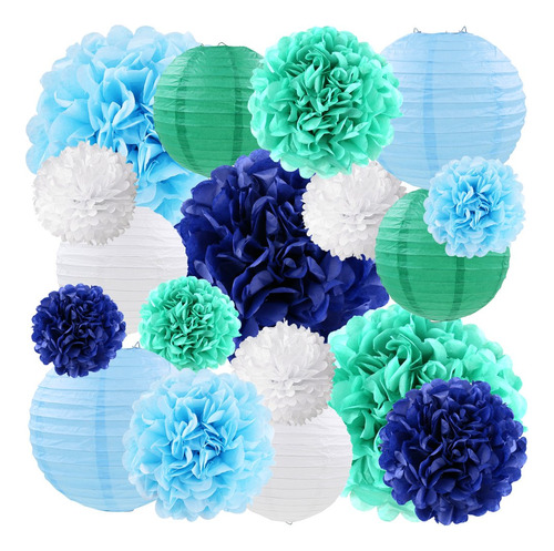 Linterna Papel Seda Azul Decorativa Flor Pompon Decoracion