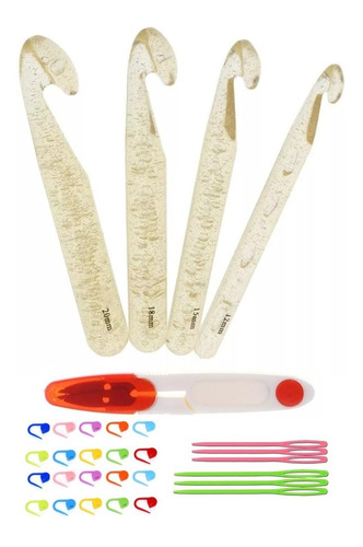 Imagen 1 de 7 de Set De 4 Crochet Jumbo Grueso 12 A 20mm + Accesorios (31pcs)