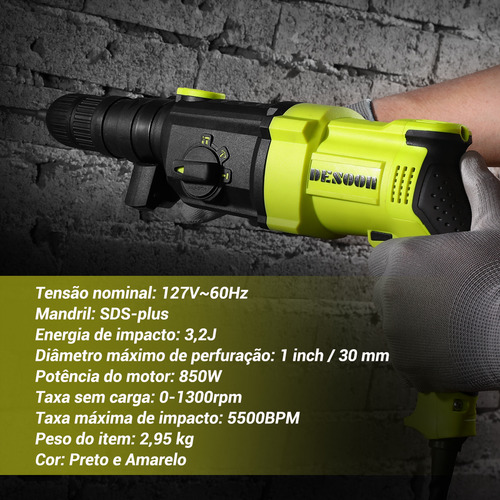 Martelete Rompedor Perfurador 850w Elétrico , Adequados Para Os Modos Perfuração, Martelamento, Perfuração Com Martelo E Perfuração Com Cinzel Desoon