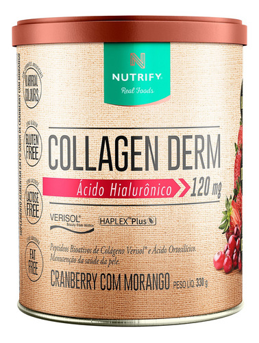 Collagen Derm Colágeno Verisol C/ Ácido Hialurônico Nutrify Sabor Cranberry com Morango